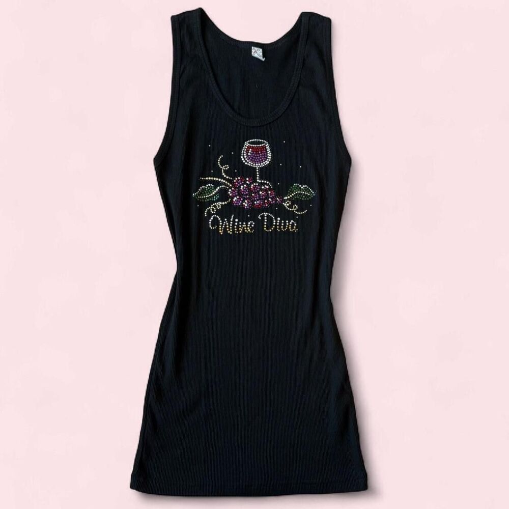 Y2K Wine Diva Rhinestone Ribbed Tank - Picture 1 of 8